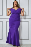 Purple Plus Size Fit and Flare Pleated V Neck Maxi Dress
