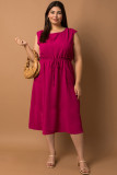 Rose Ruffled Drawstring High Waist Sleeveless Plus Size Midi Dress
