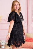 Black Floral Jacquard Flutter Sleeve Plus Size Mini Dress