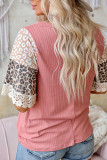 Splicing Leopard Lace Sleeves Rib Top