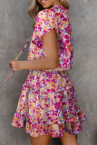 Multicolor Floral Print Tie V Neck Ruffle Mini Dress