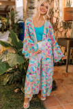 Multicolor Printed Double Layered Bell Sleeve Long Flowy Cardigan