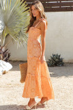 Orange Boho Floral Print Lace-up Straps Tiered Smocked Maxi Dress