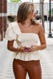 Apricot Ruffled One-shoulder Smocked Top