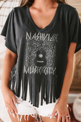 Black NASHVILLE MUSIC CITY Graphic Fringed T-shirt