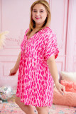 Pink Leopard Print V Neck Plus Size Babydoll Mini Dress