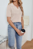 Cut Out V Neck Turn Down Collar Plain Knit Top