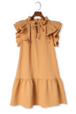 Khaki Tiered Ruffled Sleeves Mini Dress with Pockets