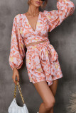 Printed V Neck Bubble Sleeves Hollow Out Waist Romper