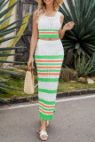 Striped Hollow Out Knit Tank Top With Skirt Two Pieces Dress