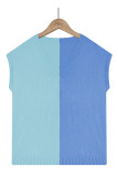 Plain V Neck Knit Color Block Short Sleeves Top