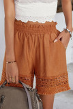 Brown Smocked Waist Crochet Hem Casual Loose Shorts