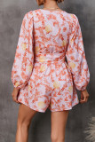 Printed V Neck Bubble Sleeves Hollow Out Waist Romper