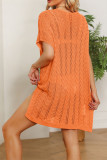 Plain V Neck Hollow Out Striped Cover Up Dress