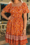 Orange Square Neck Puff Sleeves Flowy Floral Dress