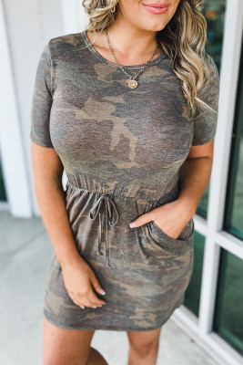 Green Plus Size Camouflage Drawstring Waist T-Shirt Dress