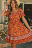 Orange Square Neck Puff Sleeves Flowy Floral Dress