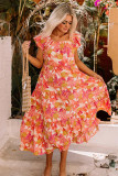 Multicolor Floral Print Ruffle Sleeve Tiered Long Dress