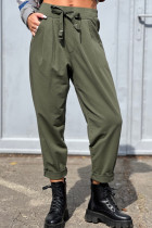 Green Casual Elastic Drawstring Waist Pants