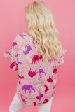 Pink Plus Size Jaguar Print Ruffled Short Sleeves Top