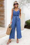 Sky Blue Buttoned Wide Leg Belted Chambray Strappy Jumpsuit