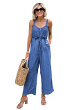 Sky Blue Buttoned Wide Leg Belted Chambray Strappy Jumpsuit