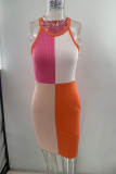 Colorblock Splicing Halter Sleeveless Knitting Dress 