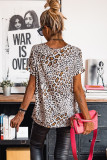 Leopard Print Loose Fit V Neck Short Sleeve T Shirt