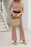 Multi Color Stripes One Shoulder Top and Flare Pants 2PCS Knitting Set 
