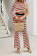 Multi Color Stripes One Shoulder Top and Flare Pants 2PCS Knitting Set 
