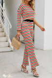 Multi Color Stripes One Shoulder Top and Flare Pants 2PCS Knitting Set 