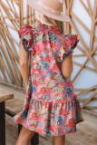 Multicolor Gorgeous Floral Print Tie V Neck Ruffle Dress