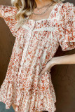 Red Button Front Flutter Sleeve Print Dress with Ruffles
