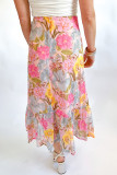 Pink Zipped Ruffle Hem Floral Midi Skirt