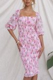 Square Neck Puff Sleeves Floral Slim Dress 