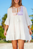 White Lace Panel Tie V Neck Beach Cover-up