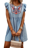 Sky Blue Floral Embroidered Ruffled Sleeve Mini Dress