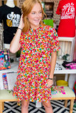 Multicolor Floral Print Frill Mock Neck Bubble Sleeve Dress