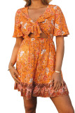Yellow Self-tie Front Cut-out Floral Dress