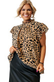 Plus Size Leopard Ruffle Short Sleeve High Neck Blouse