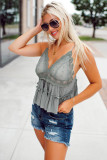 Gray Sheer Lace Bralette Ruffle Tiered Tank Top