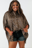 Leopard Buttoned Batwing Sleeve Plus Size Shirt