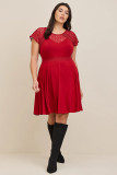 Red Plus Size Lace Yoke Splice Fit-and-flare Curvy Dress