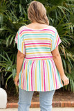Multicolor Striped Ruffle Sleeve Plus Size Babydoll Top