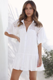 White Hollow Out Ruffled Buttoned Shirt Mini Dress