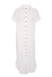 White Crinkled Buttons Maxi Beach Dress with Slits