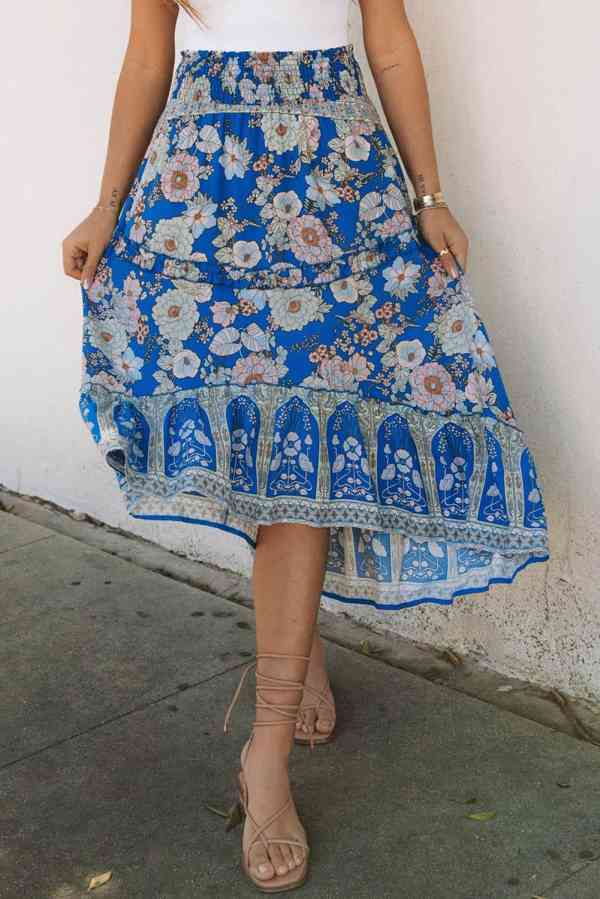 Blue Smocked Waist Boho Floral Maxi Skirt