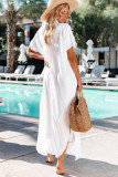 White Crinkled Buttons Maxi Beach Dress with Slits