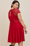 Red Plus Size Lace Yoke Splice Fit-and-flare Curvy Dress