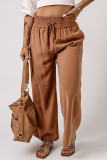 Brown Drawstring Smocked Waist Wide Leg Plus Size Pants